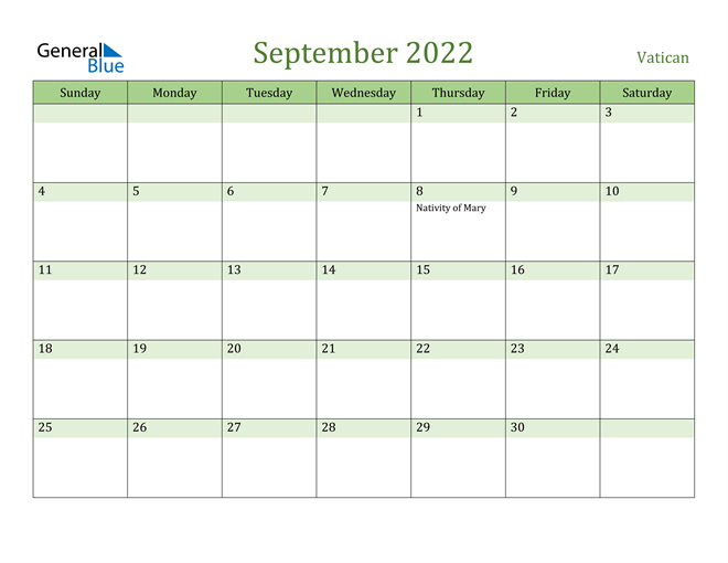 September 2022 Calendar with Vatican Holidays