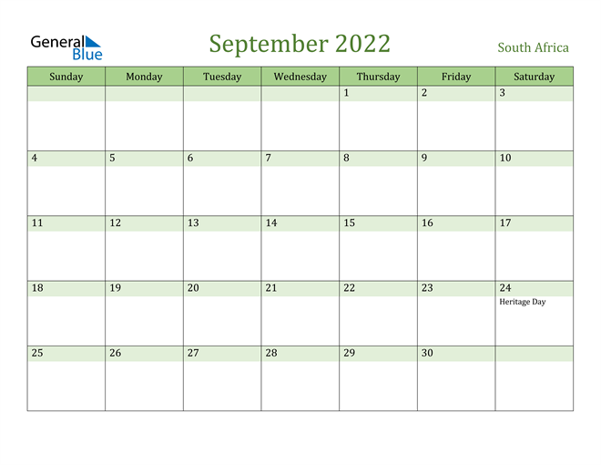 south africa september 2022 calendar with holidays