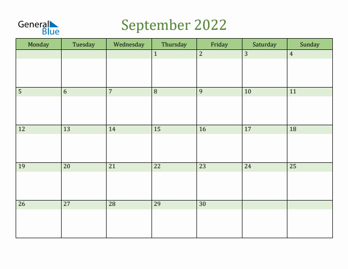 September 2022 Calendar with Monday Start
