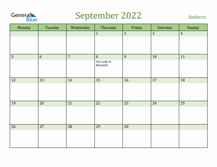 September 2022 Calendar with Andorra Holidays