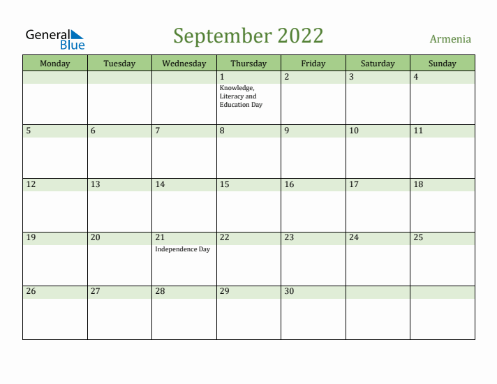 September 2022 Calendar with Armenia Holidays