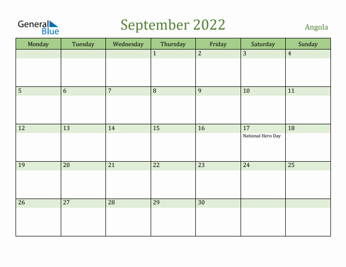 September 2022 Calendar with Angola Holidays