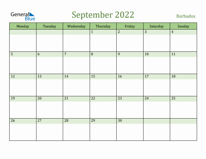 September 2022 Calendar with Barbados Holidays