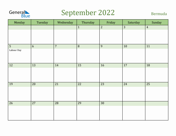 September 2022 Calendar with Bermuda Holidays