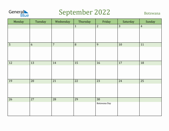 September 2022 Calendar with Botswana Holidays