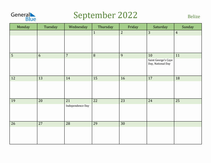 September 2022 Calendar with Belize Holidays