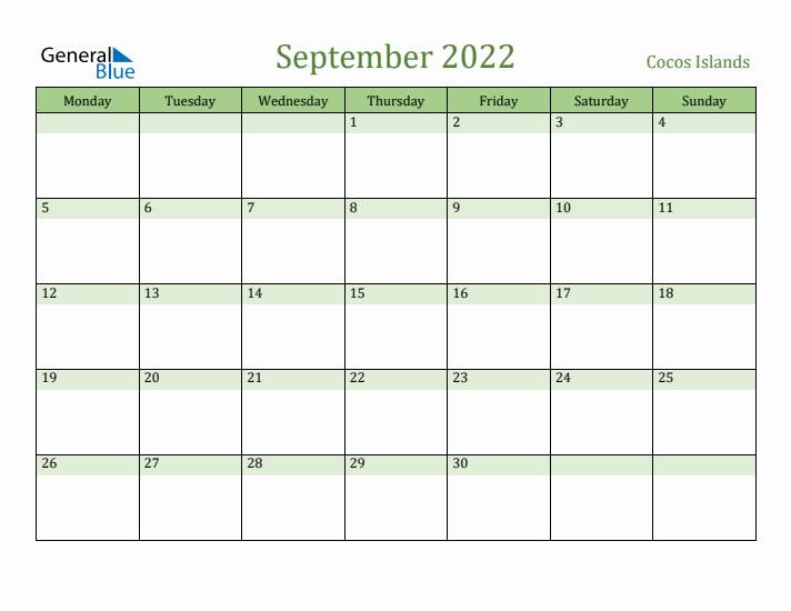 September 2022 Calendar with Cocos Islands Holidays