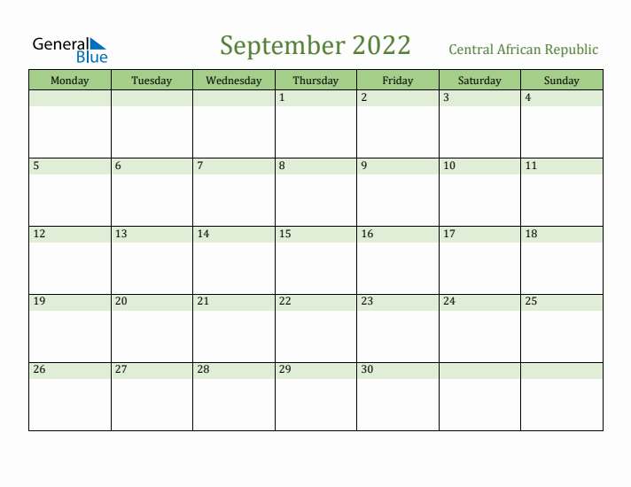 September 2022 Calendar with Central African Republic Holidays