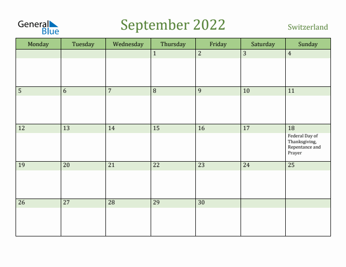 September 2022 Calendar with Switzerland Holidays