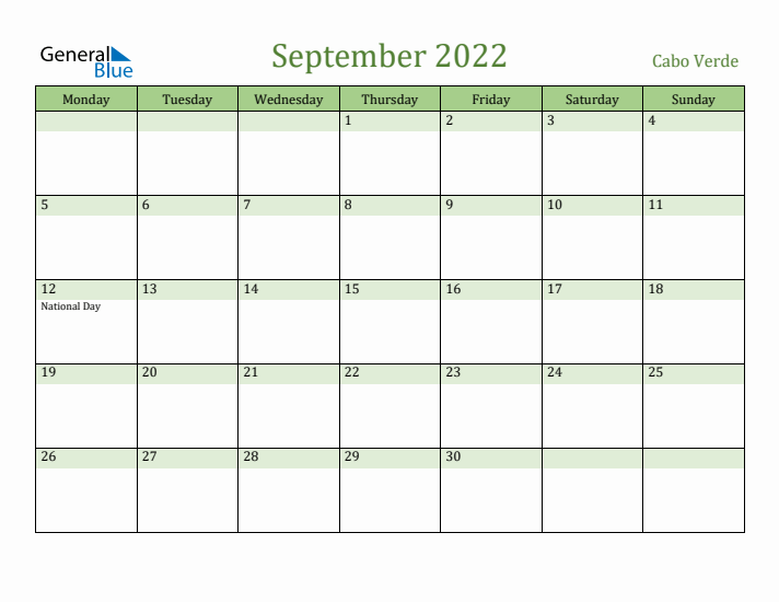 September 2022 Calendar with Cabo Verde Holidays