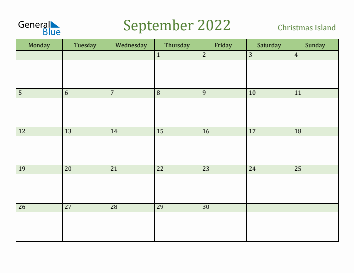 September 2022 Calendar with Christmas Island Holidays