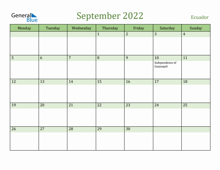September 2022 Calendar with Ecuador Holidays
