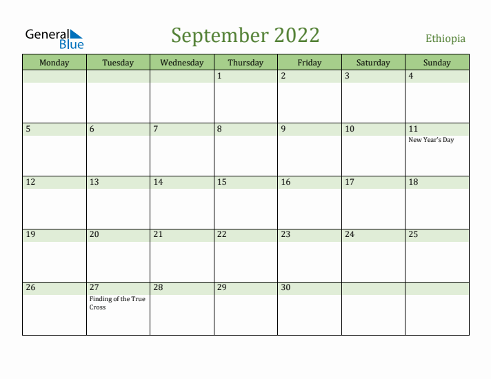 September 2022 Calendar with Ethiopia Holidays
