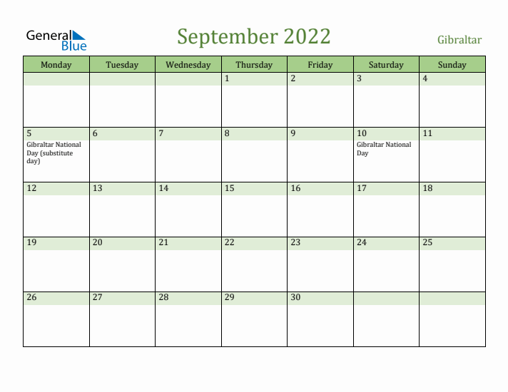 September 2022 Calendar with Gibraltar Holidays