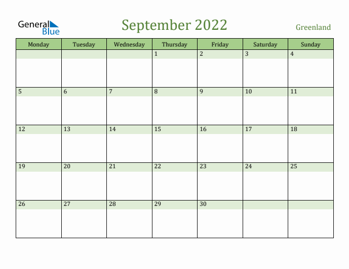 September 2022 Calendar with Greenland Holidays
