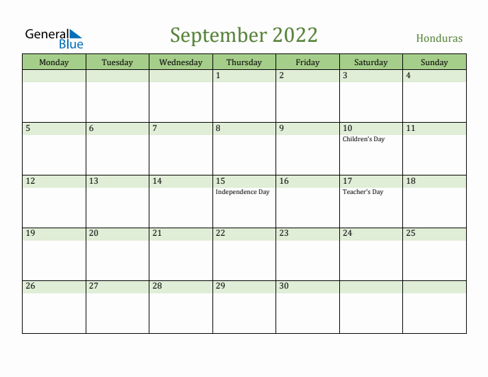 September 2022 Calendar with Honduras Holidays