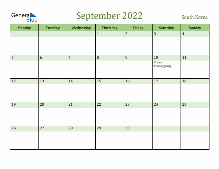 September 2022 Calendar with South Korea Holidays