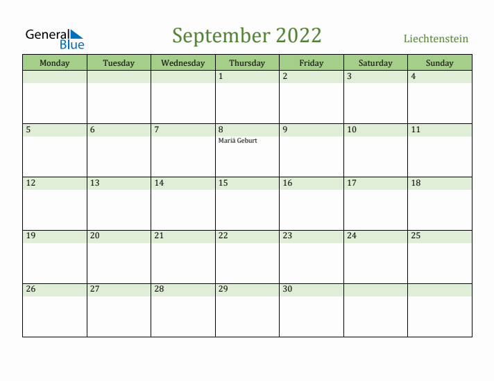 September 2022 Calendar with Liechtenstein Holidays