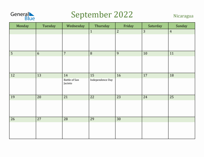 September 2022 Calendar with Nicaragua Holidays