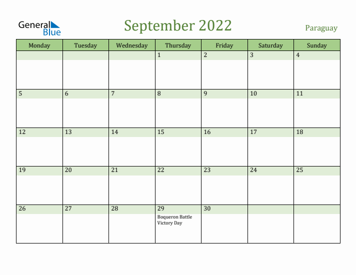 September 2022 Calendar with Paraguay Holidays