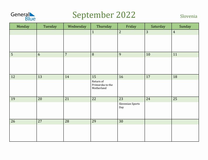 September 2022 Calendar with Slovenia Holidays