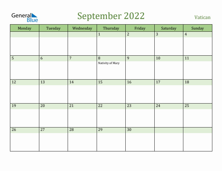 September 2022 Calendar with Vatican Holidays