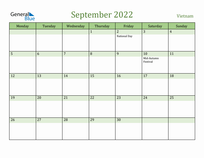 September 2022 Calendar with Vietnam Holidays