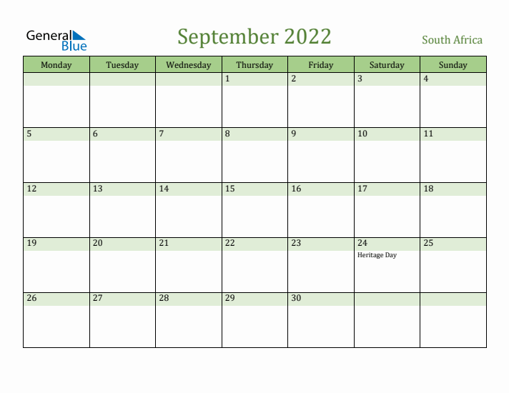 September 2022 Calendar with South Africa Holidays