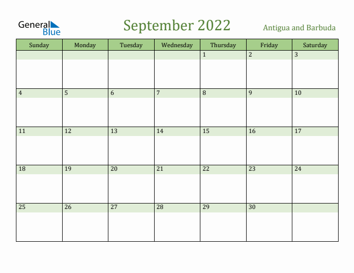 September 2022 Calendar with Antigua and Barbuda Holidays