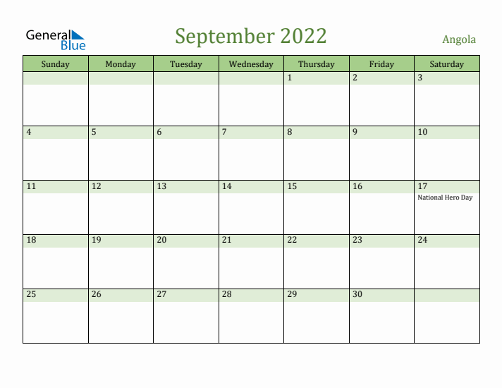 September 2022 Calendar with Angola Holidays
