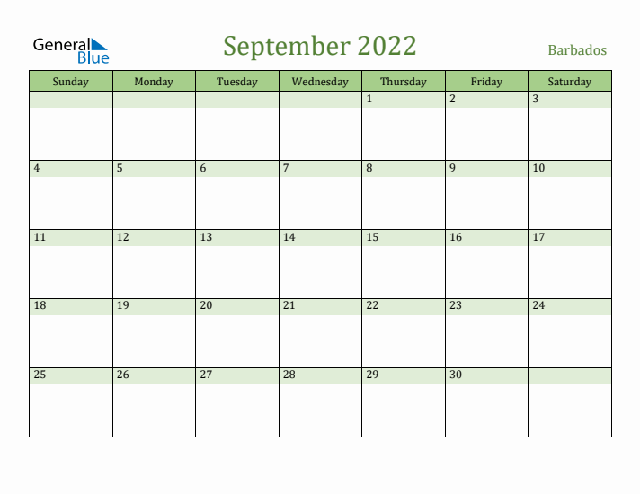 September 2022 Calendar with Barbados Holidays