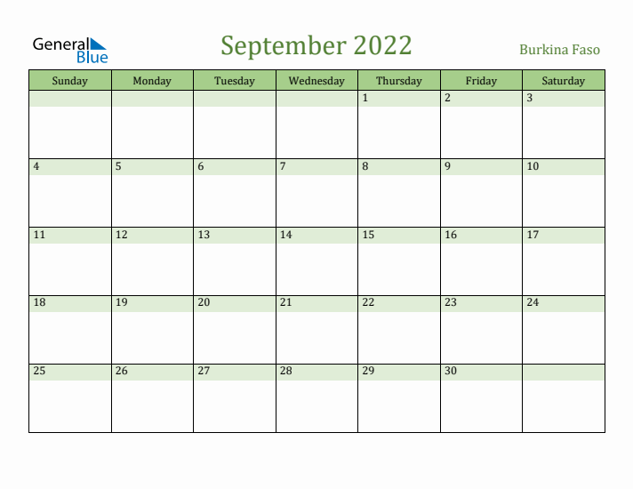 September 2022 Calendar with Burkina Faso Holidays