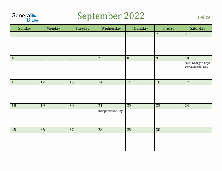 September 2022 Calendar with Belize Holidays