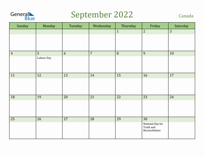 September 2022 Calendar with Canada Holidays