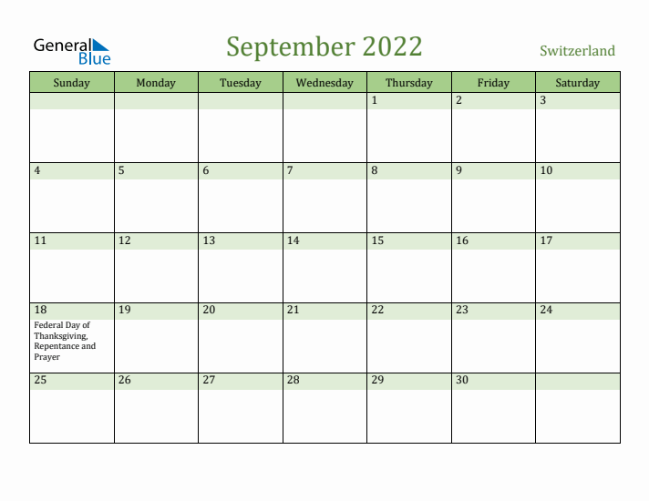 September 2022 Calendar with Switzerland Holidays