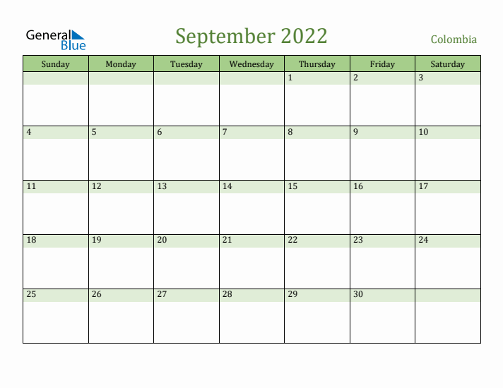 September 2022 Calendar with Colombia Holidays