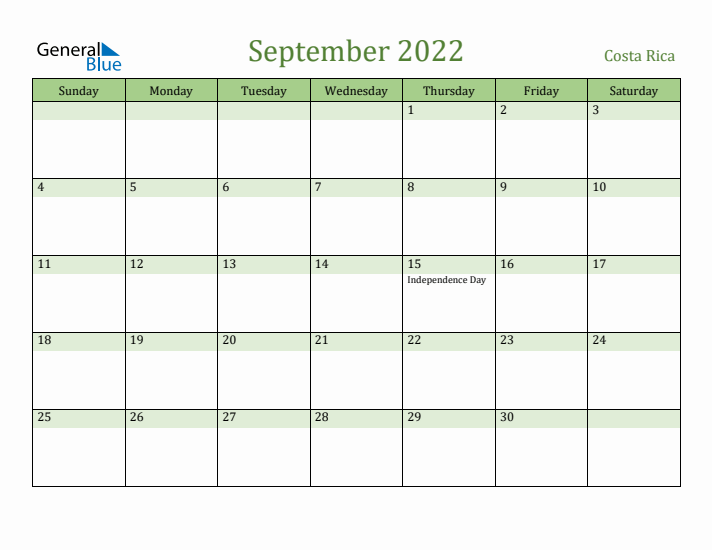 September 2022 Calendar with Costa Rica Holidays