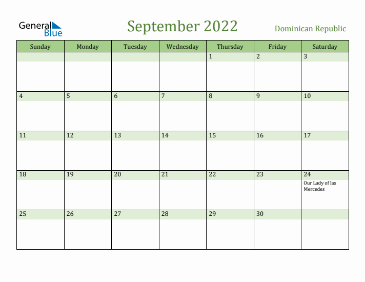 September 2022 Calendar with Dominican Republic Holidays