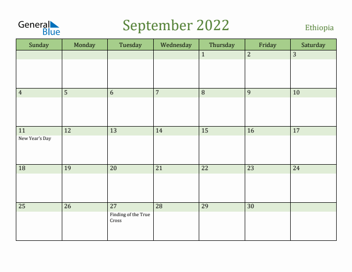 September 2022 Calendar with Ethiopia Holidays