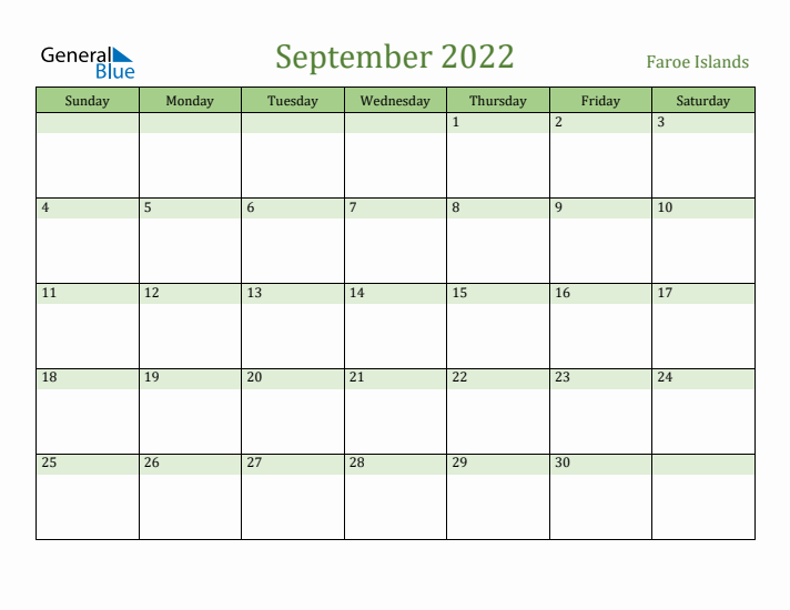 September 2022 Calendar with Faroe Islands Holidays