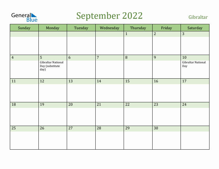 September 2022 Calendar with Gibraltar Holidays