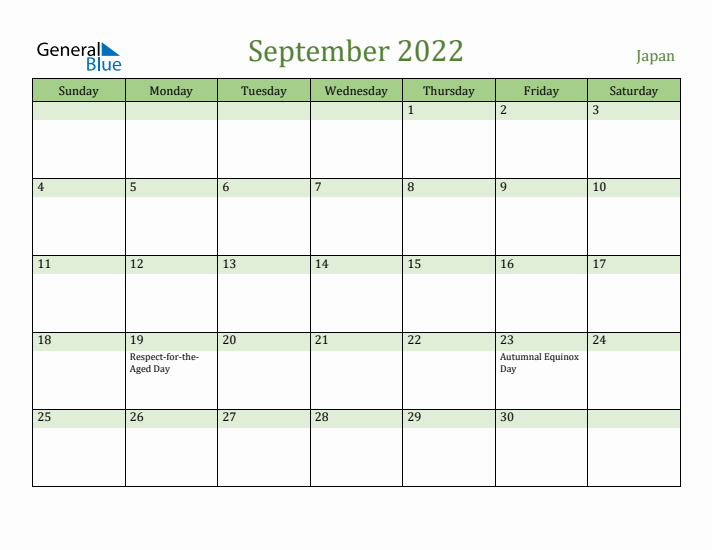 September 2022 Calendar with Japan Holidays