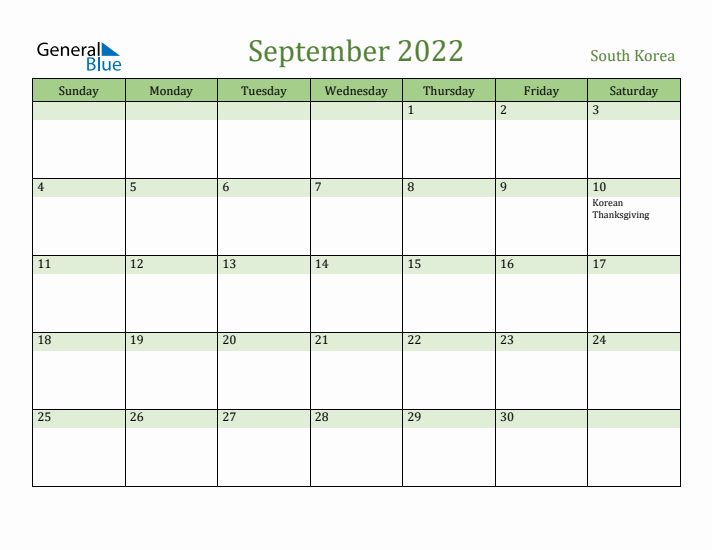 September 2022 Calendar with South Korea Holidays