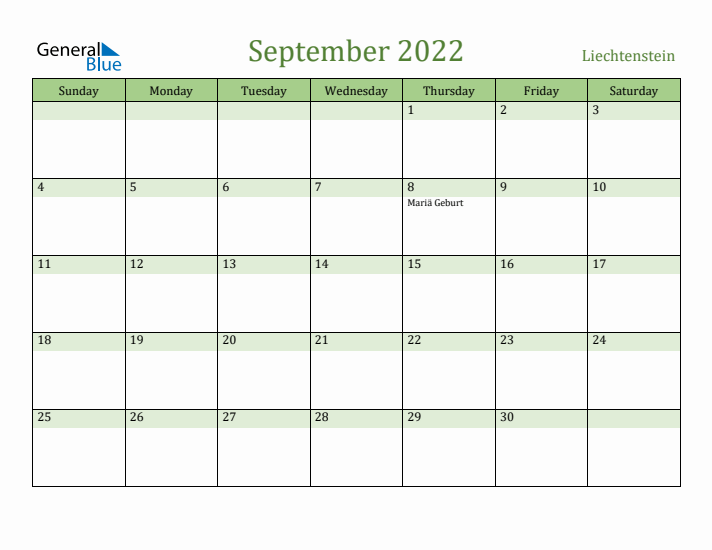 September 2022 Calendar with Liechtenstein Holidays