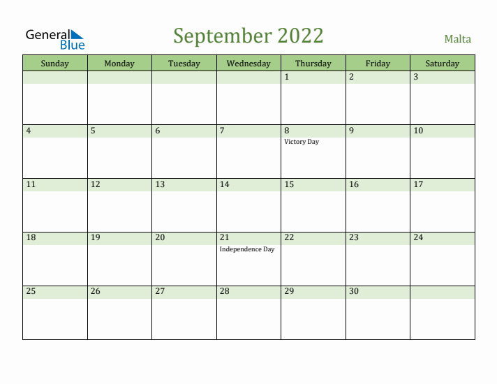 September 2022 Calendar with Malta Holidays