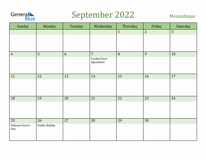 September 2022 Calendar with Mozambique Holidays