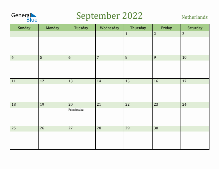 September 2022 Calendar with The Netherlands Holidays