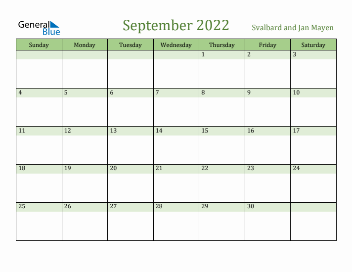 September 2022 Calendar with Svalbard and Jan Mayen Holidays