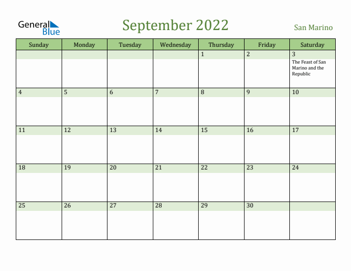 September 2022 Calendar with San Marino Holidays