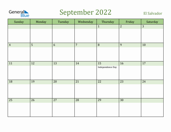 September 2022 Calendar with El Salvador Holidays